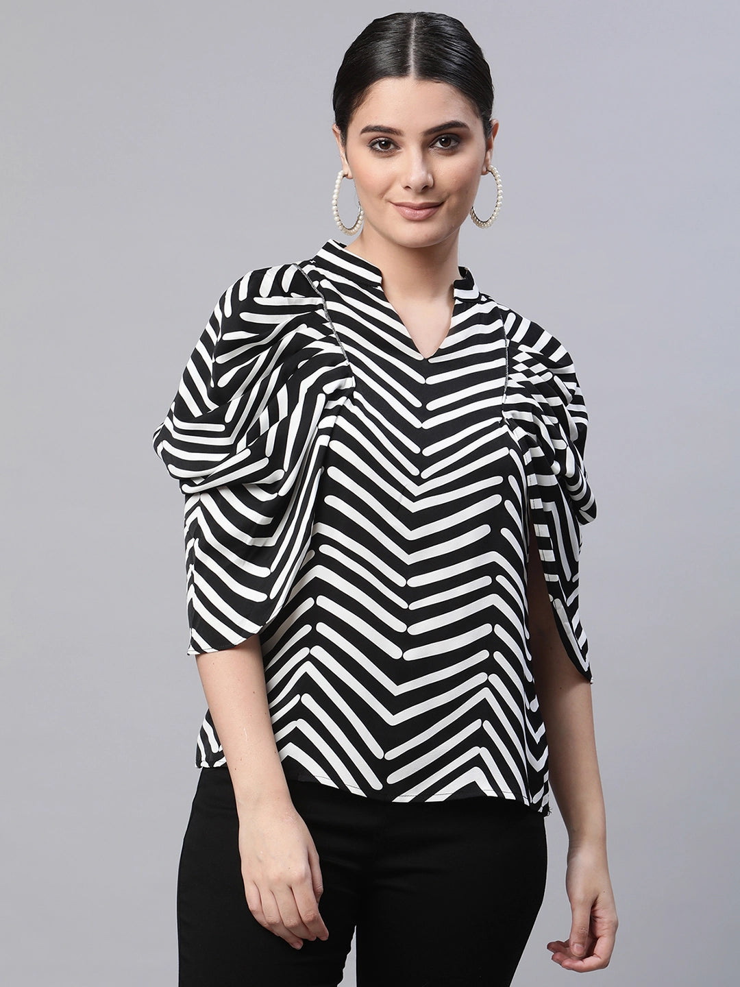 Black Cowl Sleeves Cotton Blend Blouson Top - Global Republic