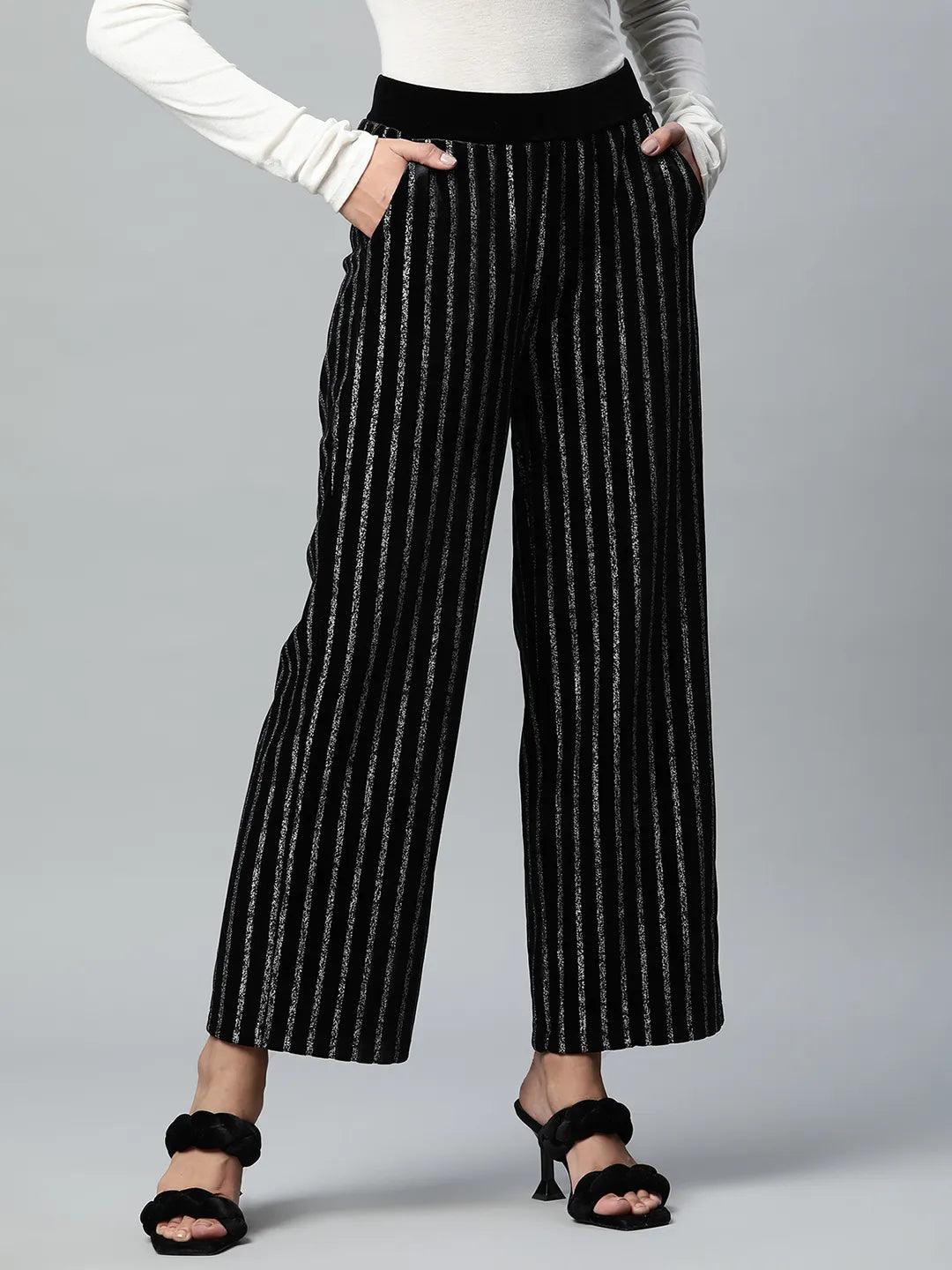 Buy Women Straight Fit Ankle Length Black Striped Foil Printed