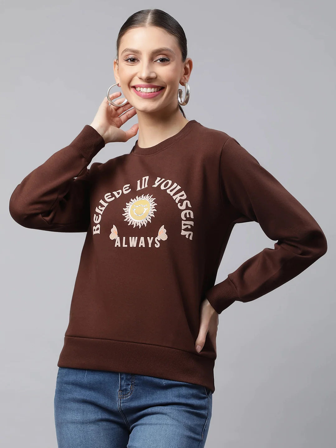 Women Brown Believe in Yourself Regular Fit Fleece Sweatshirt - Global Republic