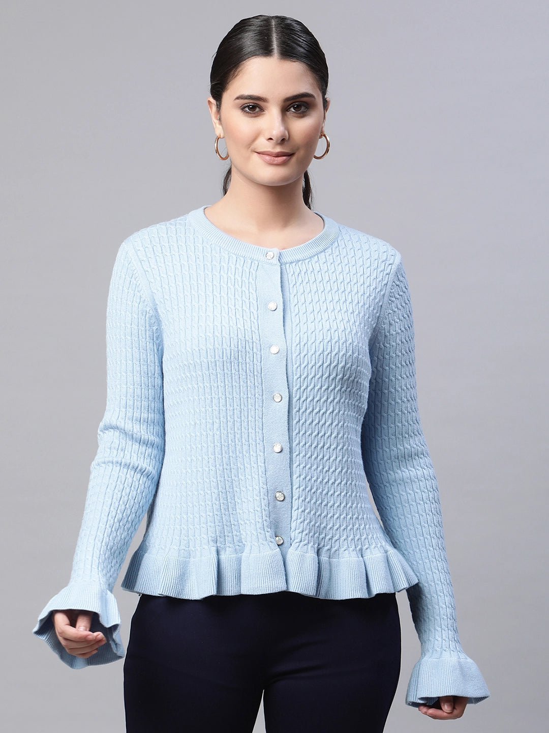 Women Round Neck Ruffled Hem Sleeves