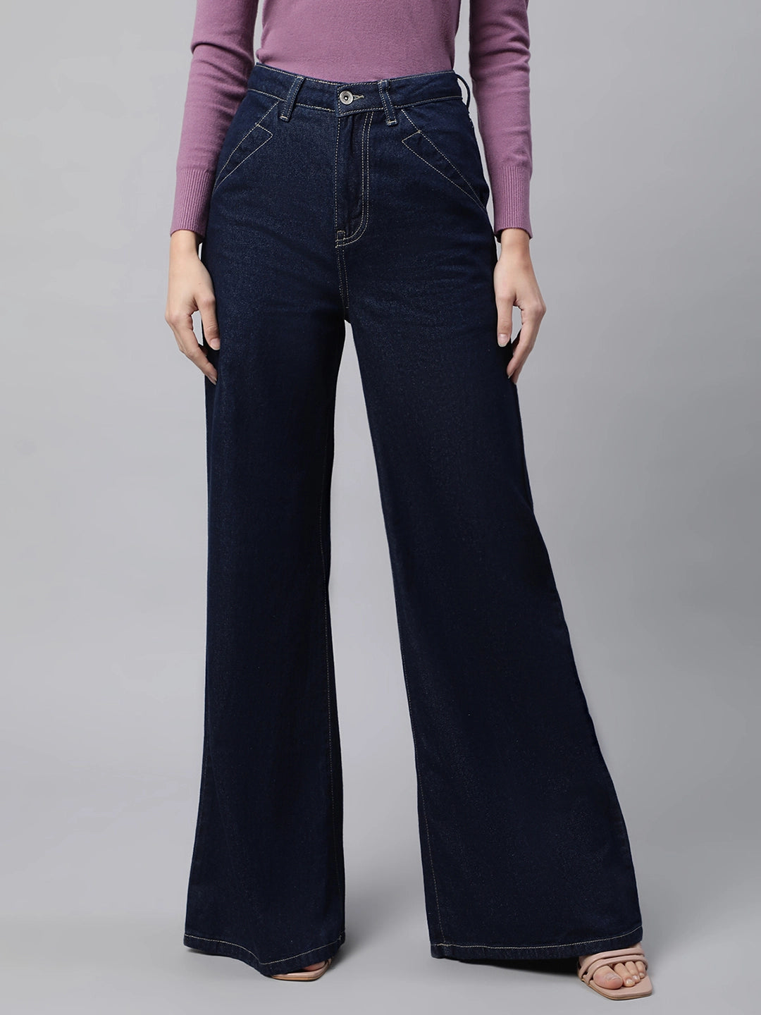 Women Dark Blue Contrast Stitch Wide Leg High Rise Jeans - Global Republic