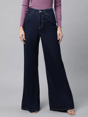 Women Dark Blue Contrast Stitch Wide Leg Mid Rise Jeans