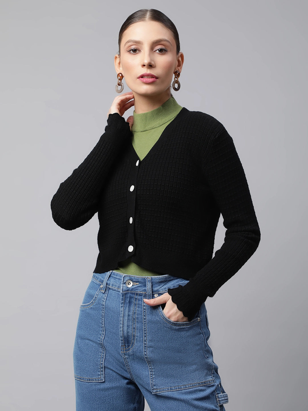 Black Jacquard Crop Cardigan - Global Republic