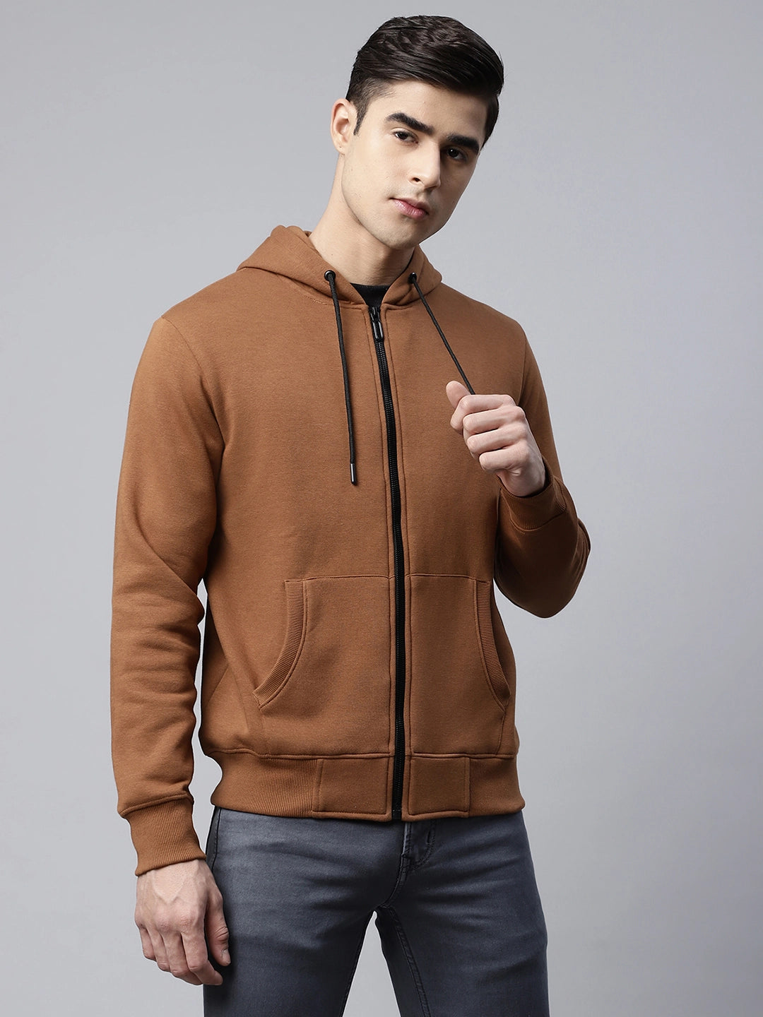 Mens Brown Solid Regular Fit Fleece Hooded Sweatshirt - Global Republic