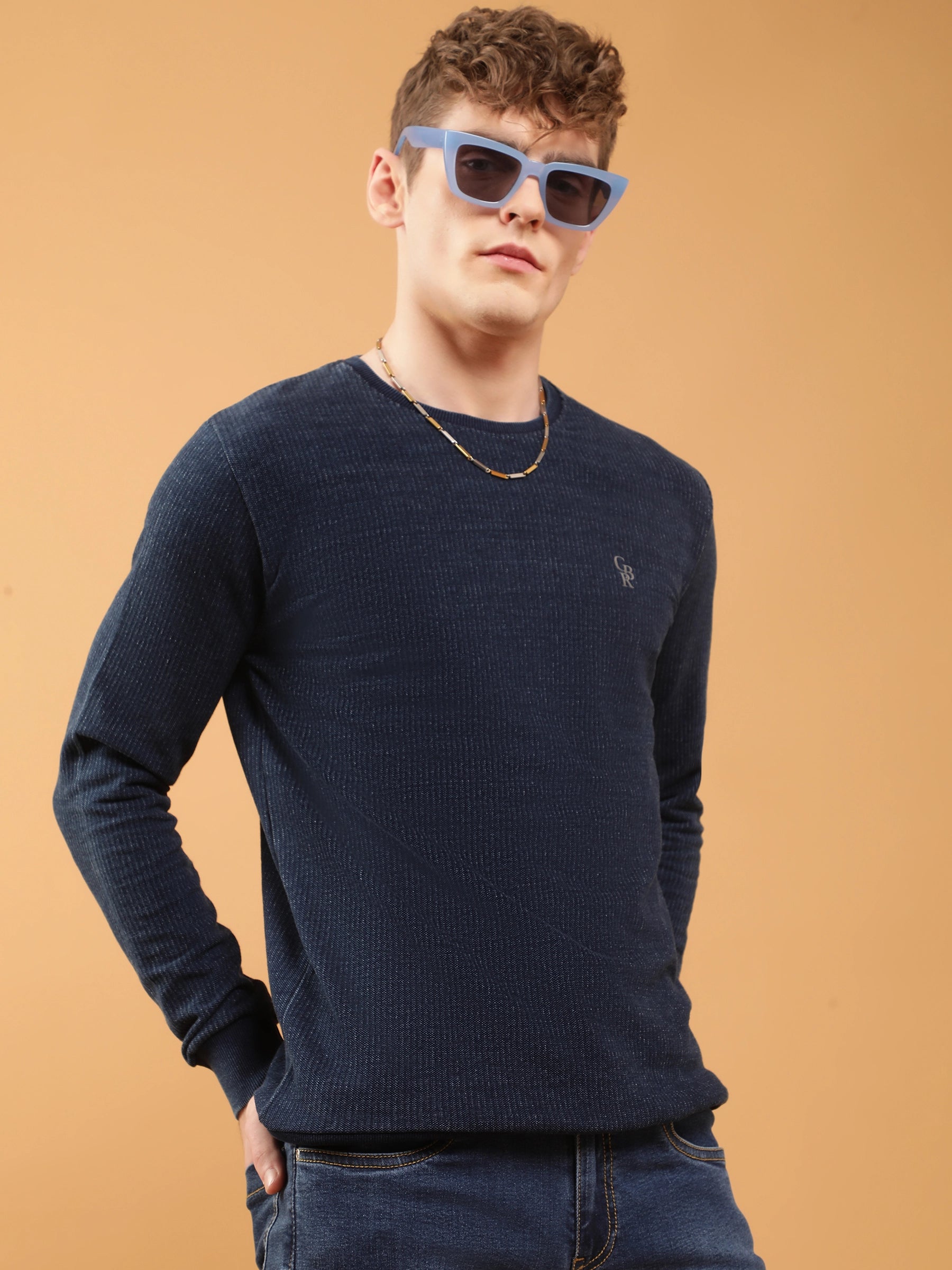 Mens Indigo Textured Round Neck Regular Fit Jacquard Sweatshirt - Global Republic