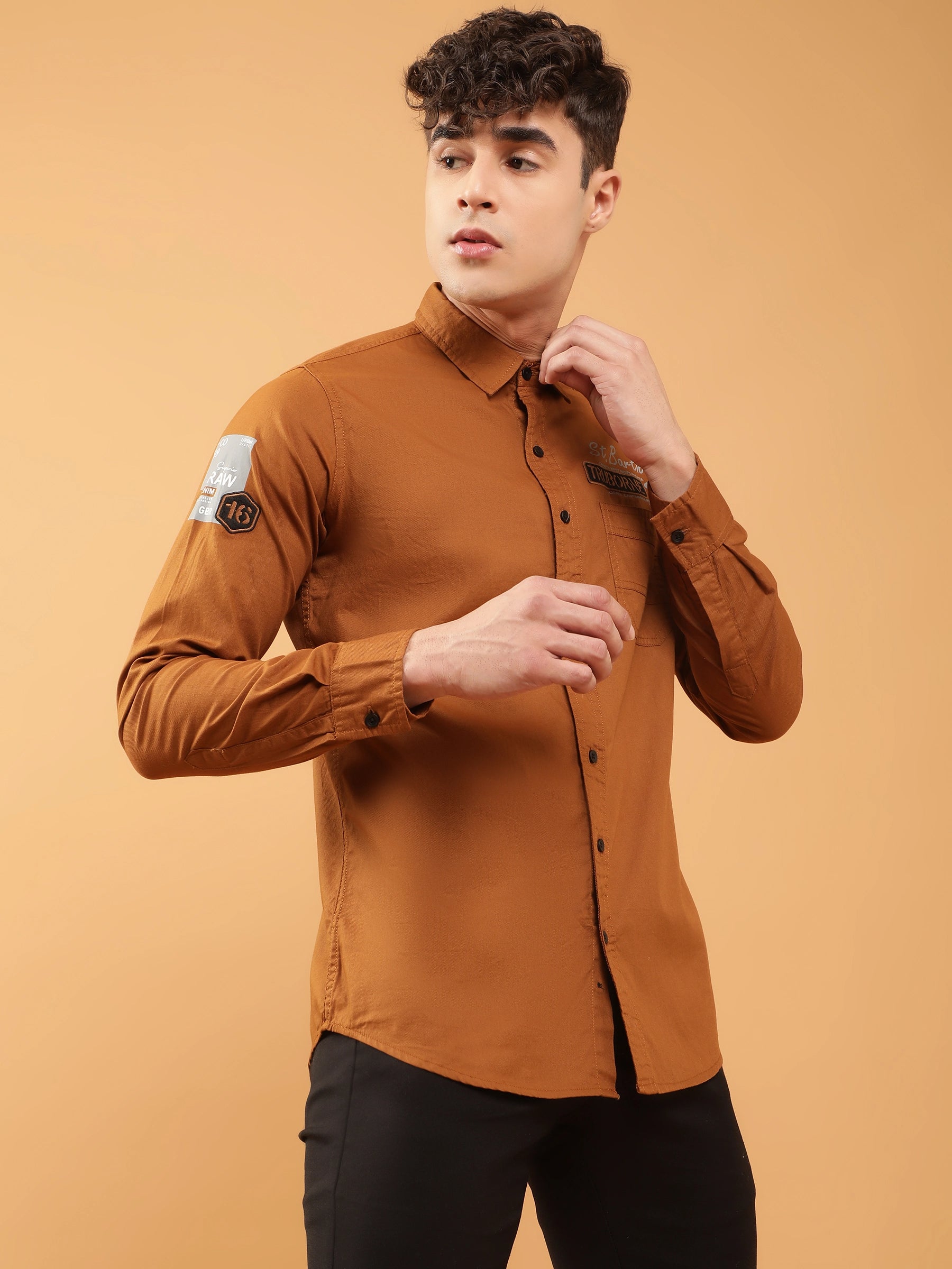 Mens Mustard Slim Fit Typographic Print Casual Shirt - Global Republic