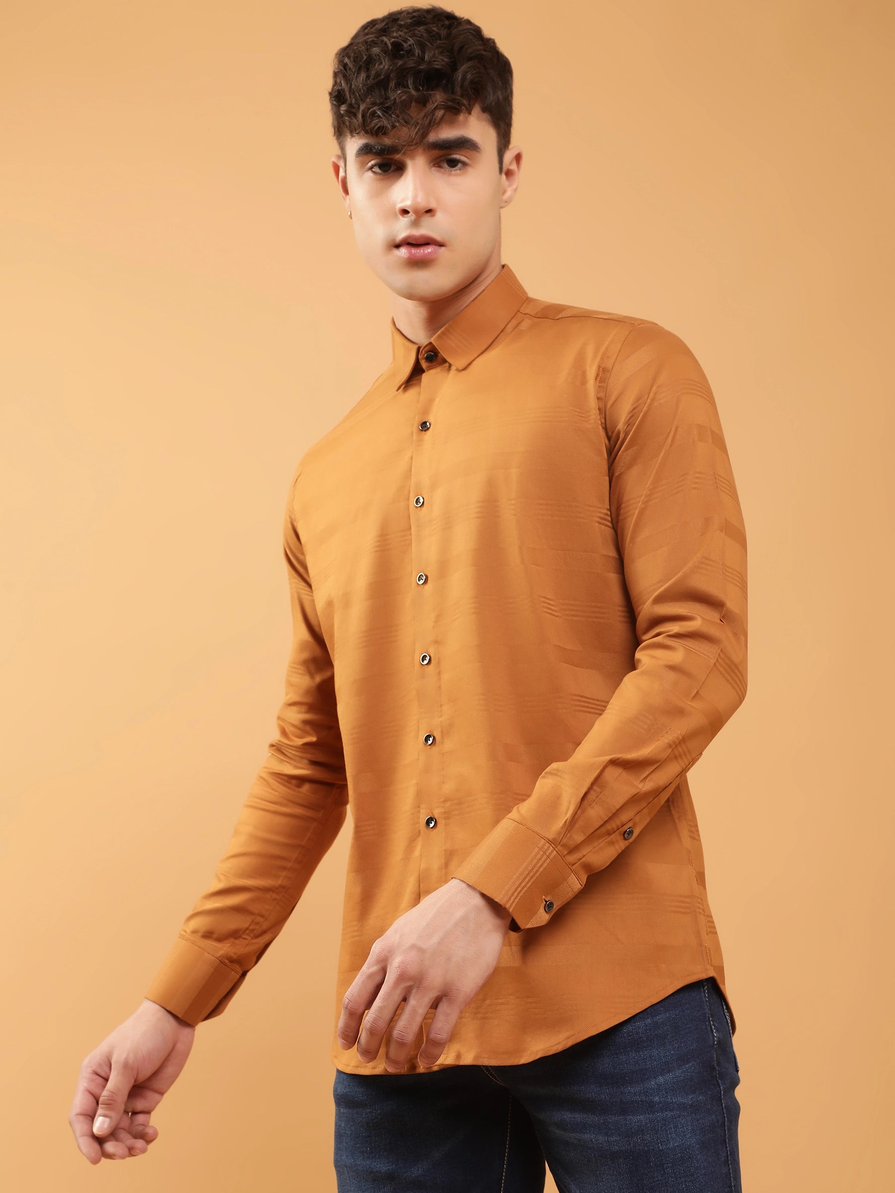 Mens Gold Slim Fit Horizontal Self Striped Shirt - Global Republic
