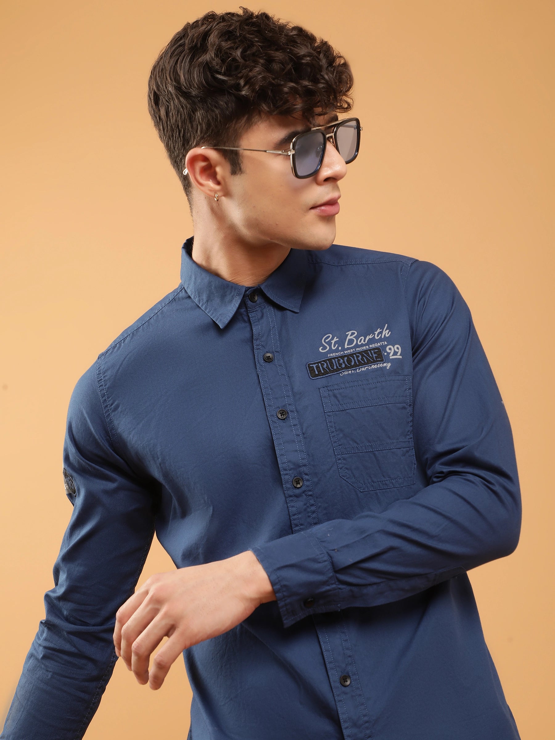 Mens Navy Blue Slim Fit Typographic Print Casual Shirt - Global Republic