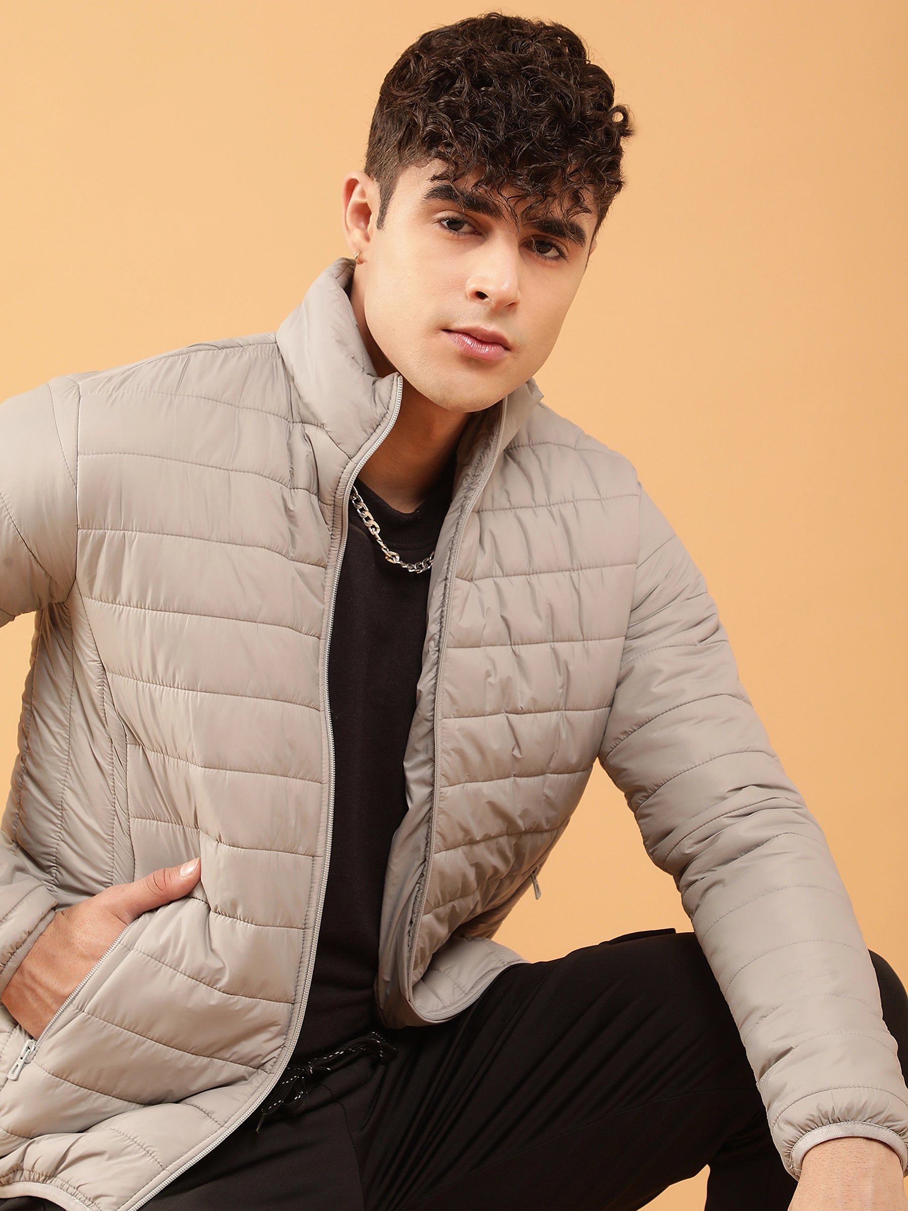 Mens Light Grey Windproof Puffer Jacket - Global Republic