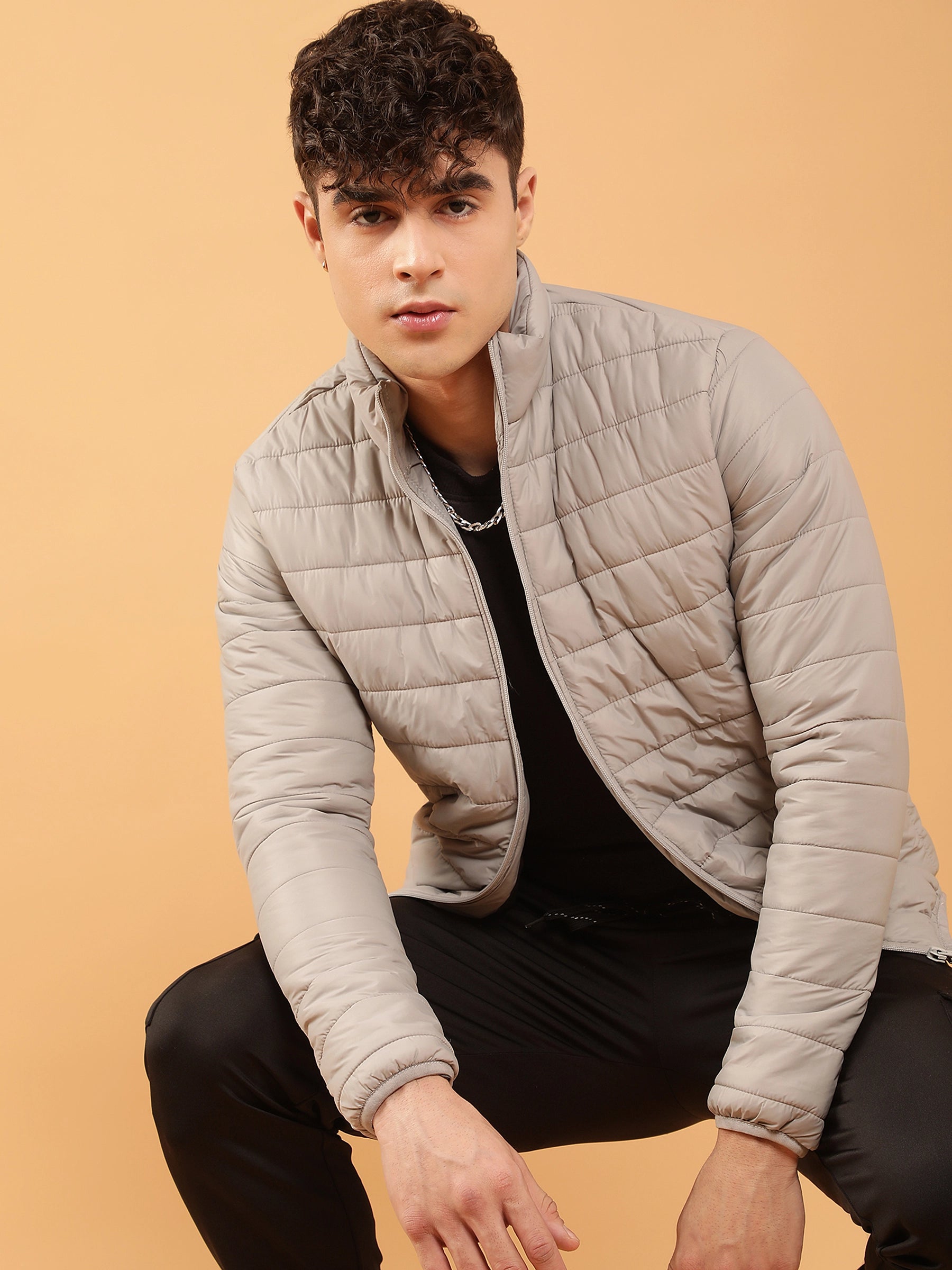 Mens Light Grey Windproof Puffer Jacket - Global Republic