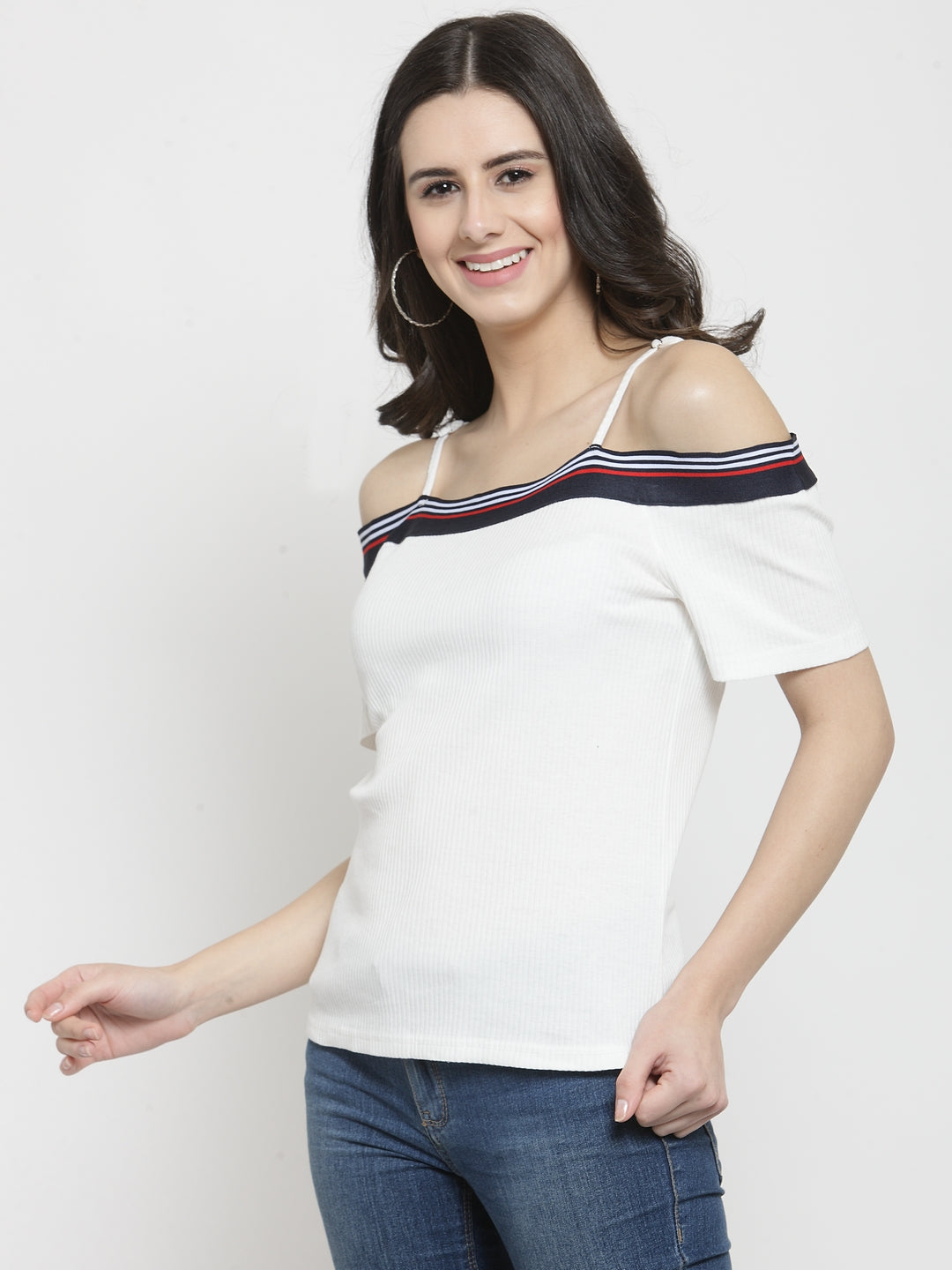 Women White Solid Off Shoulder Regular Fit T-Shirts