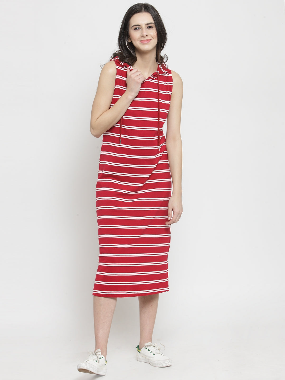 Women Red Striped Stright Fitted Dress With Hood