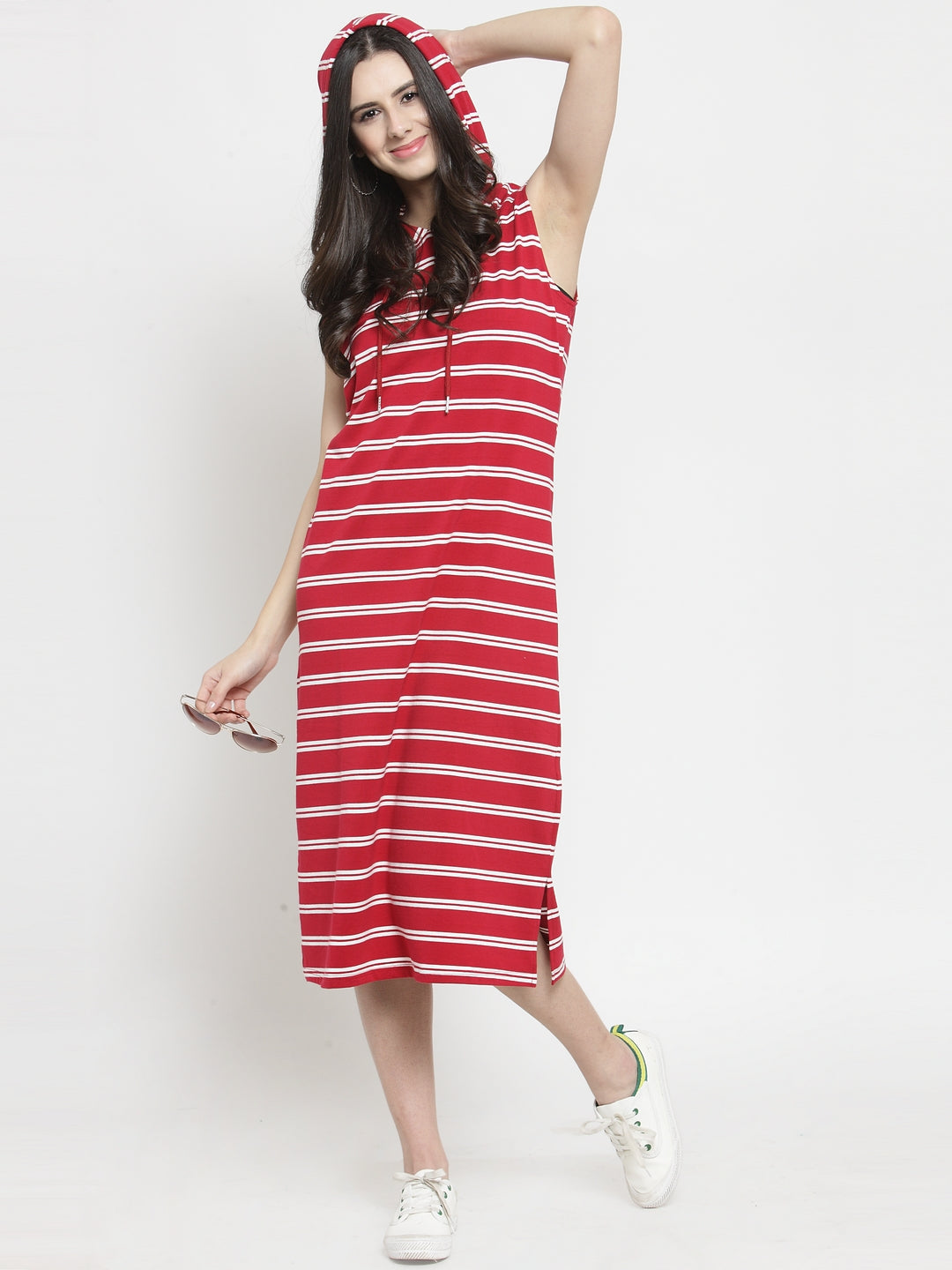 Women Red Striped Stright Fitted Dress With Hood