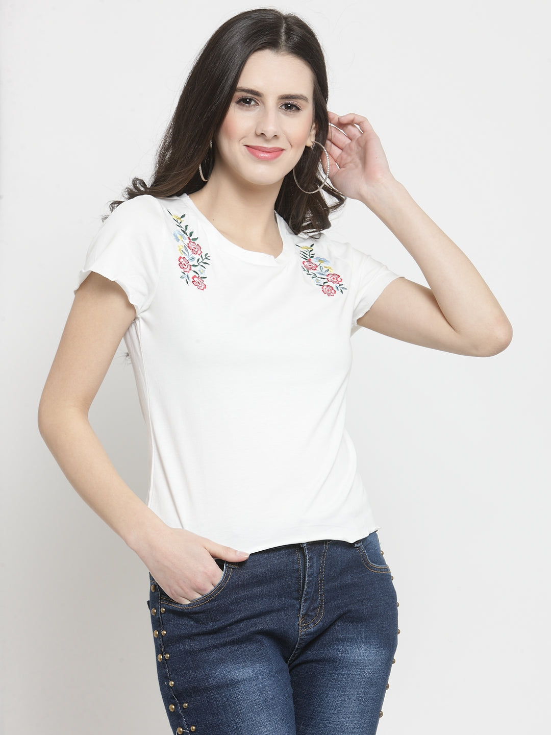 Women White Printed Round Neck Regular Fit T-Shirts