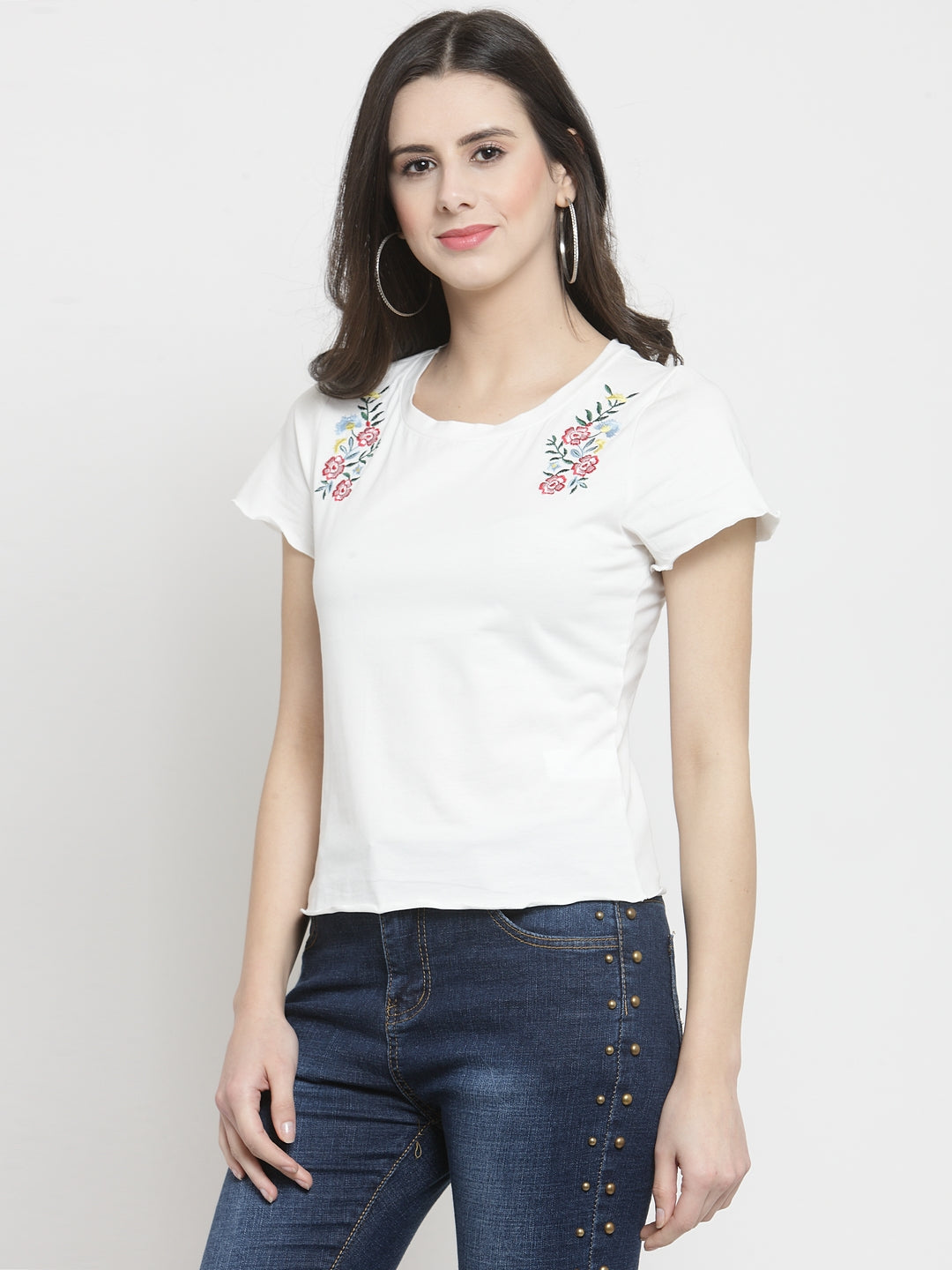 Women White Printed Round Neck Regular Fit T-Shirts