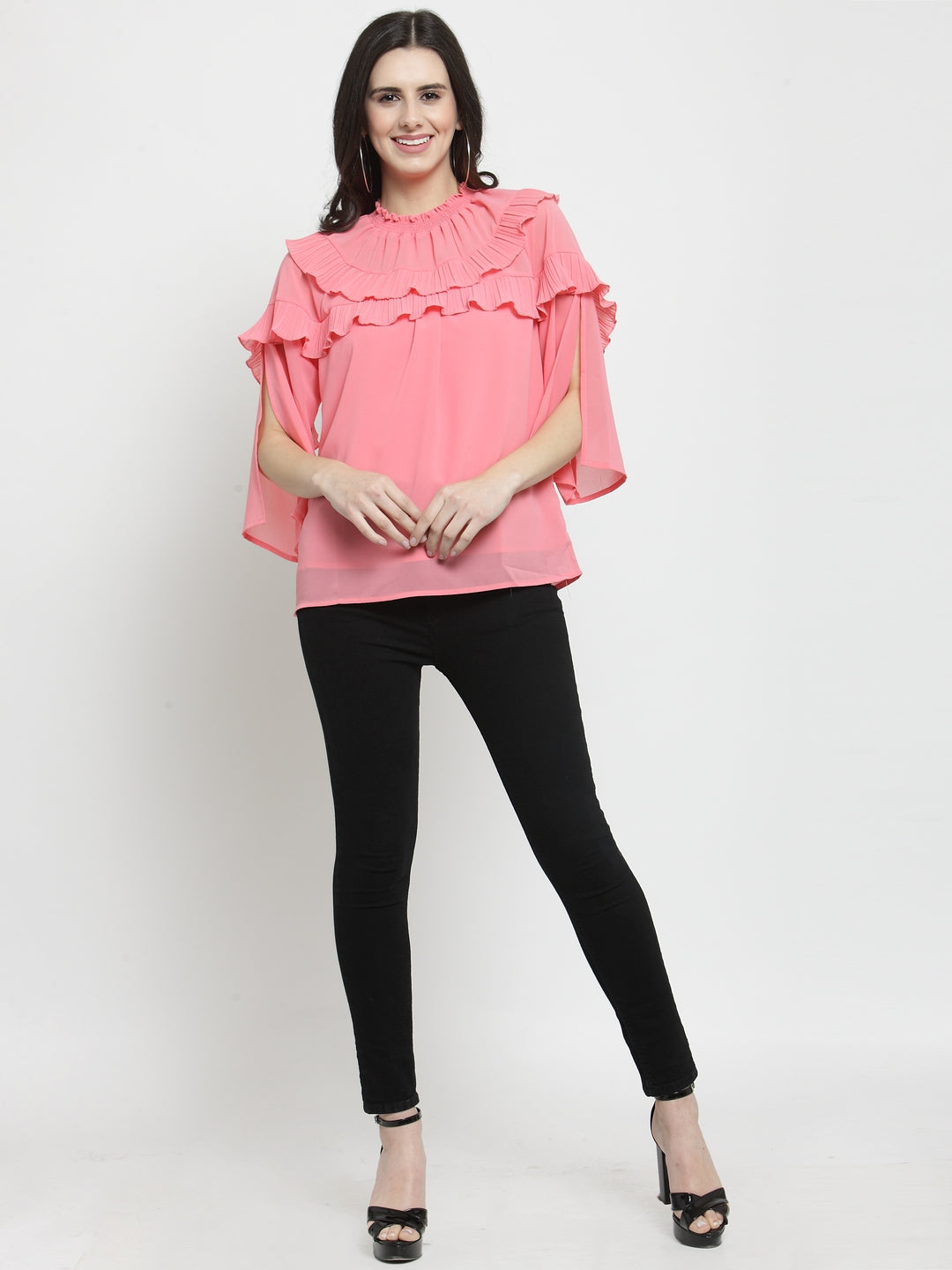 Women Solid Peach Round Neck Top With Frills