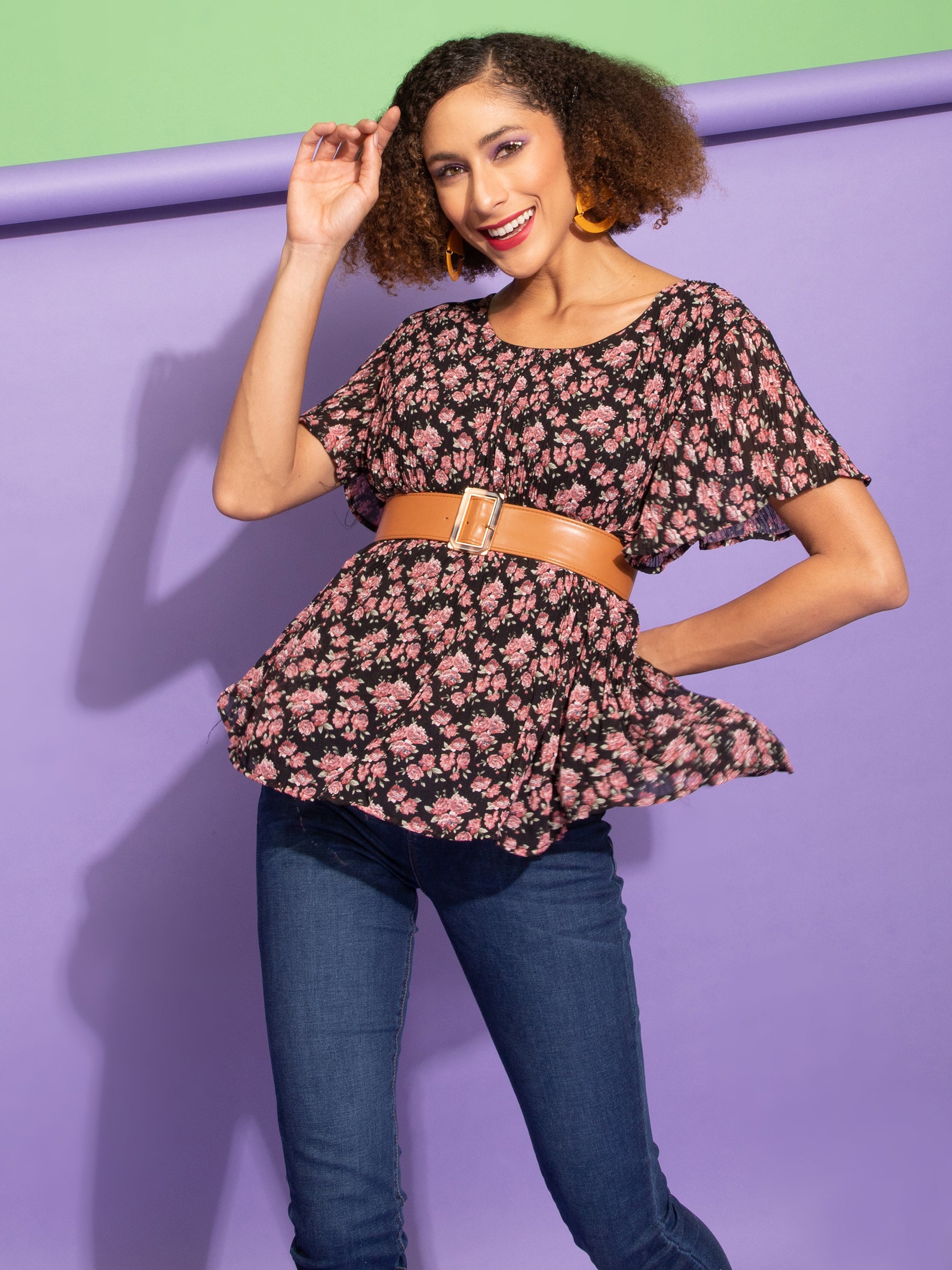 Women Floral Printed Black Loose Fit Party Blouson Top - Global Republic