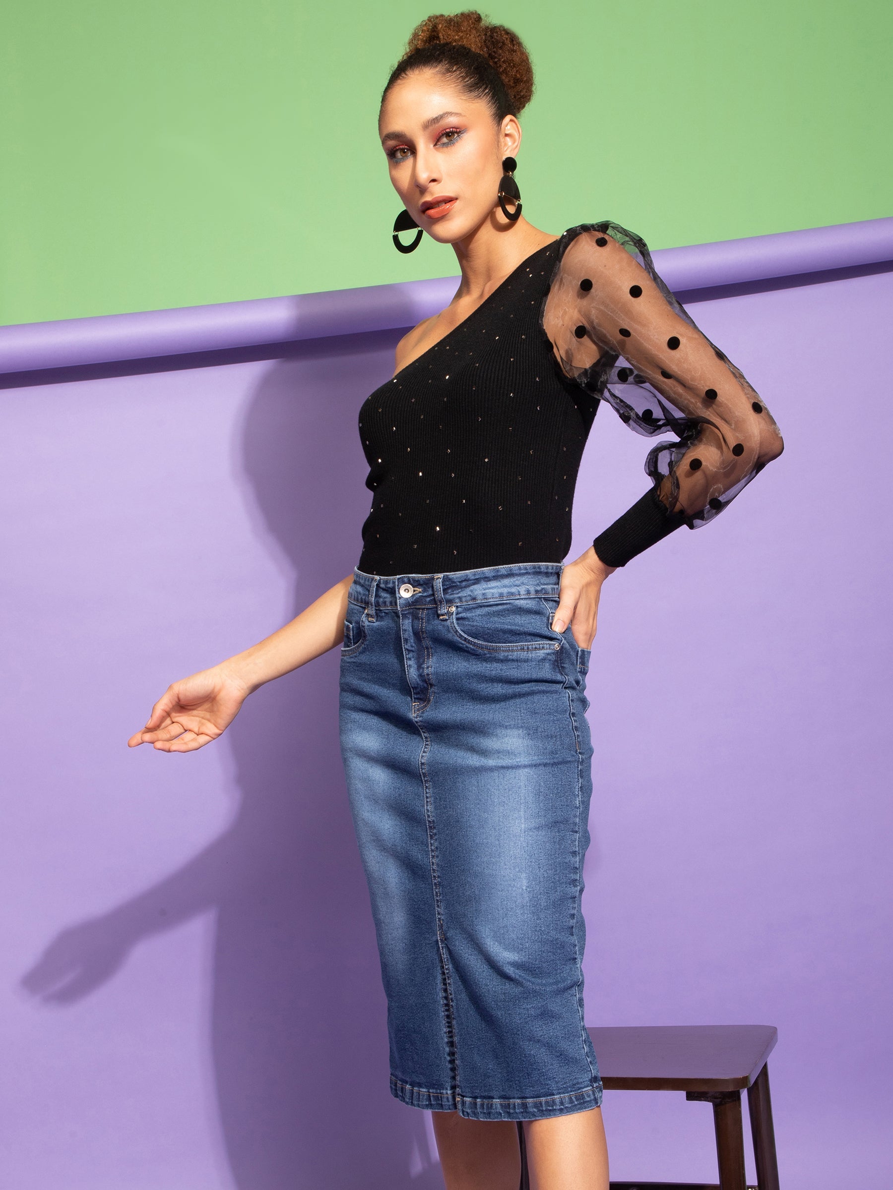 Black One Shoulder Stretch Viscose Top - Global Republic