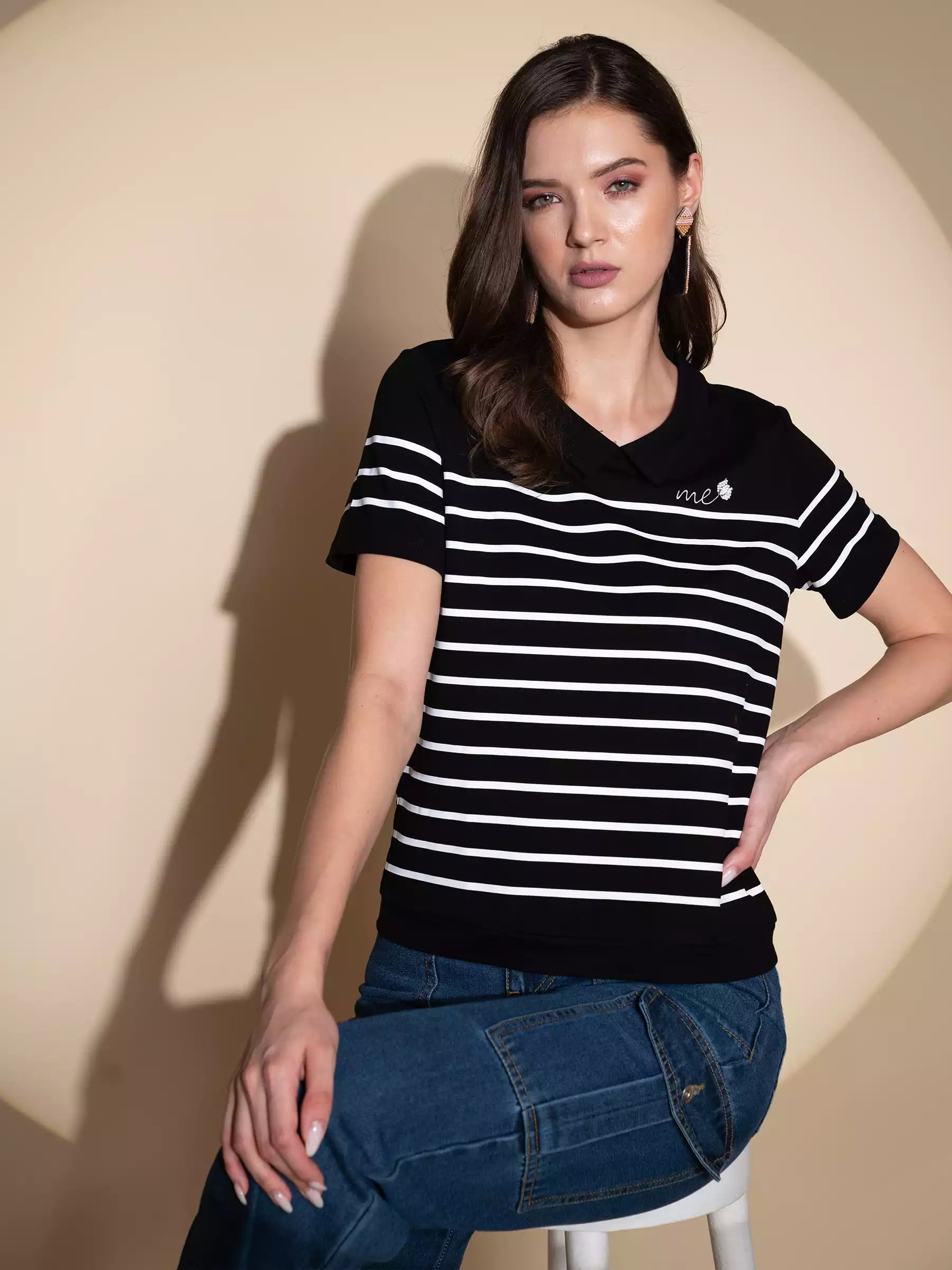 women black collar neck striped top