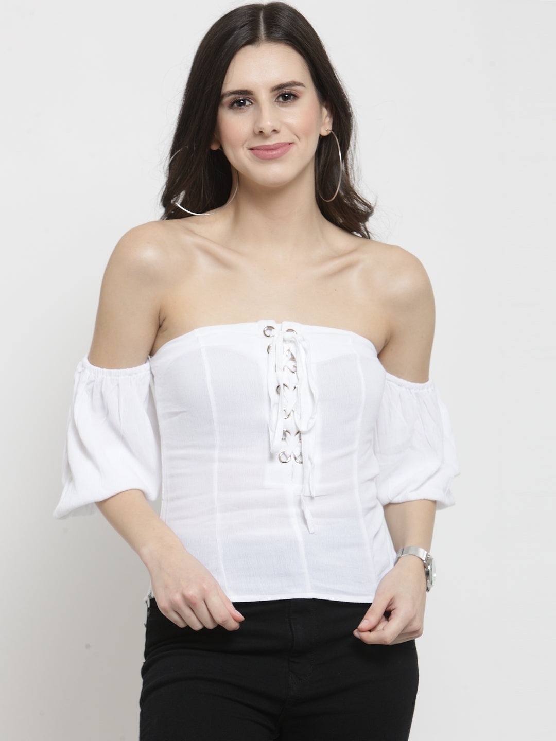Women White Solid Off Shoulder Fitted Ops
