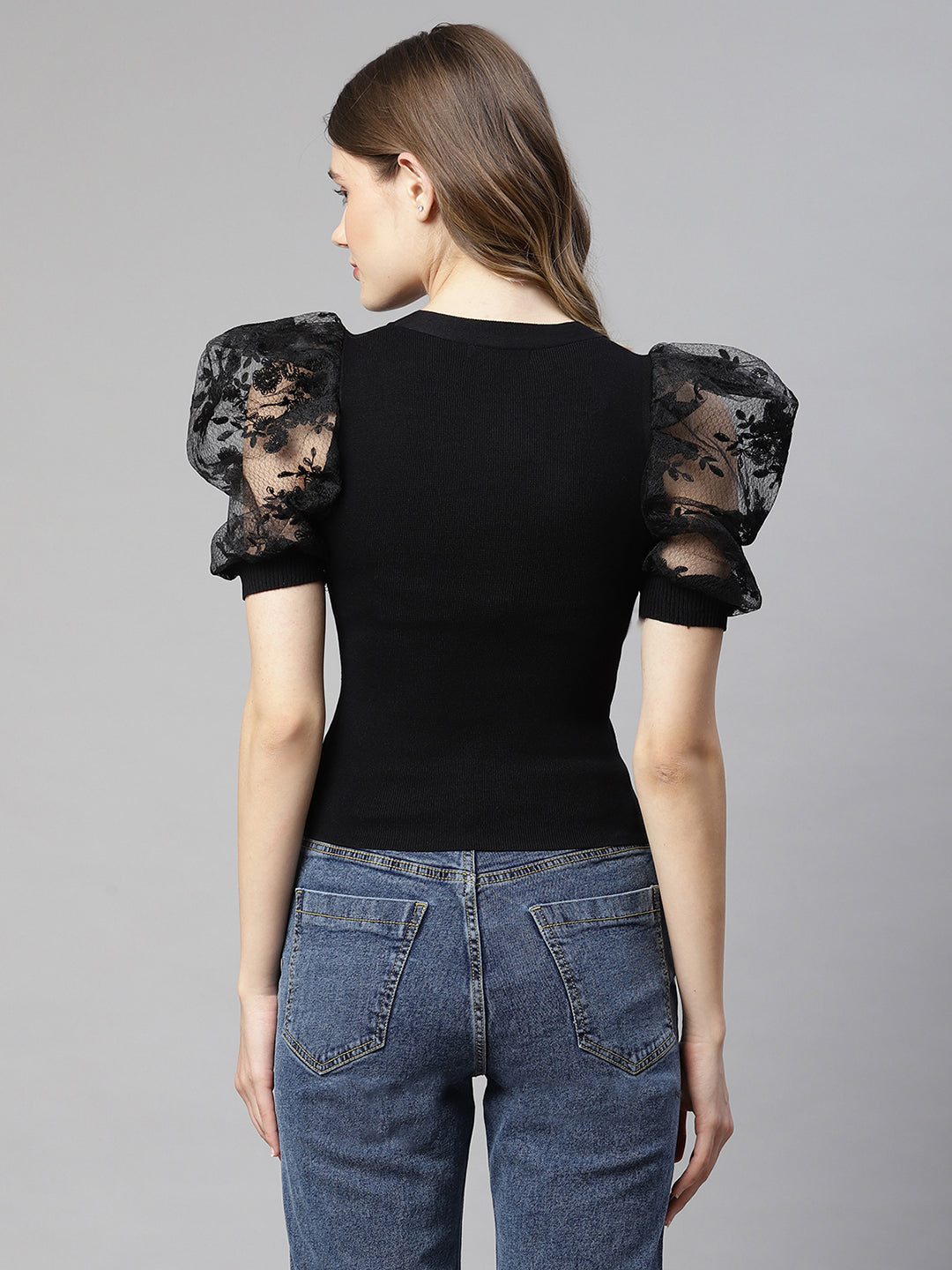Women Black Knit Net Top - Global Republic
