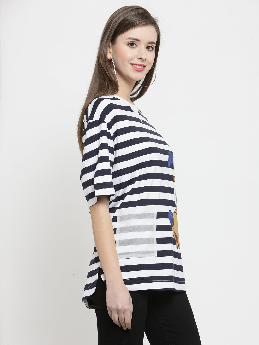Women Navy Blue Striped Round Neck Regular Fit T-Shirts