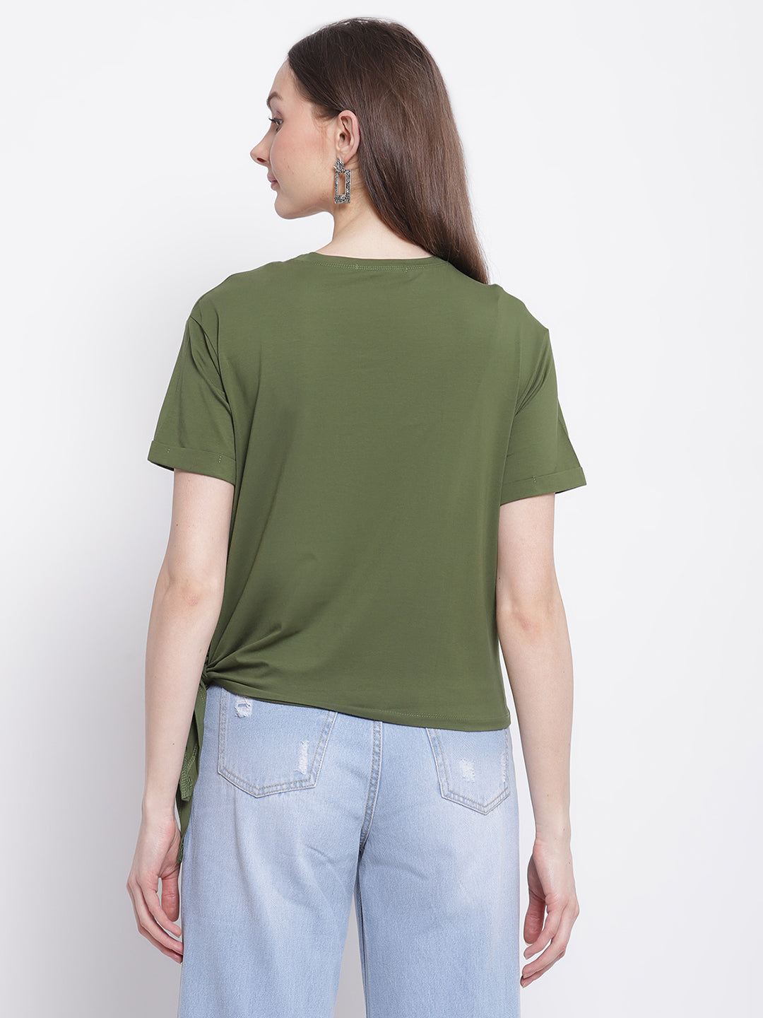 Women Olive Green Print T-Shirt with Knot Details at Hem