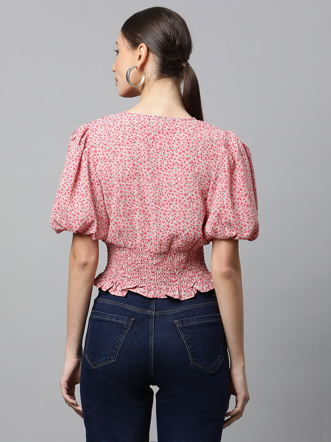 Elasticated Hem Floral Print Cropped Top - Global Republic