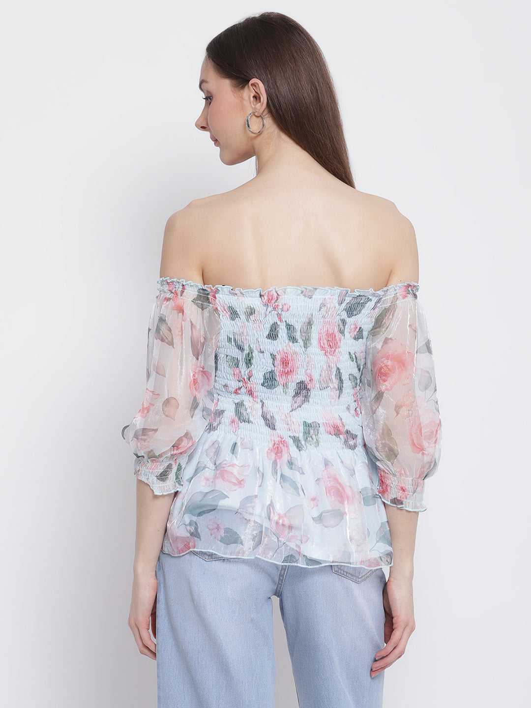 Women Off-Shoulder Blue Floral Print Peplum Top