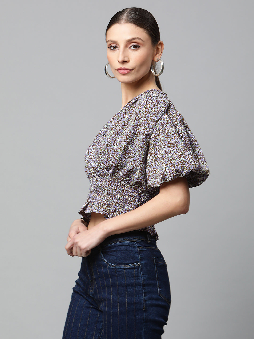 Elasticated Hem Floral Print Cropped Top - Global Republic