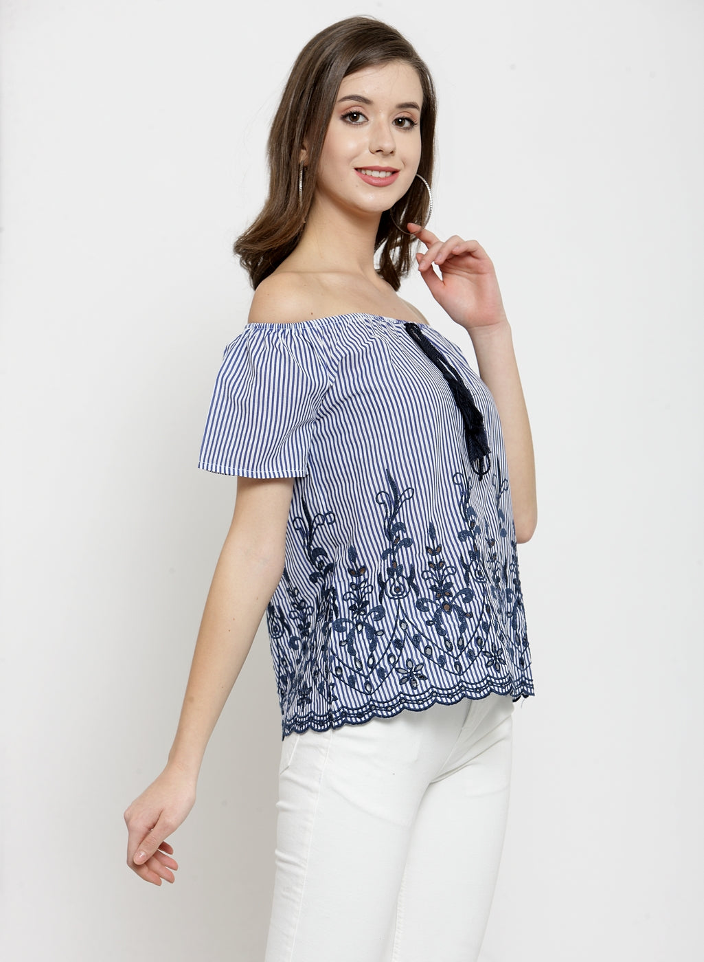 Women Embroidered Navy Blue Off Shoulder Top