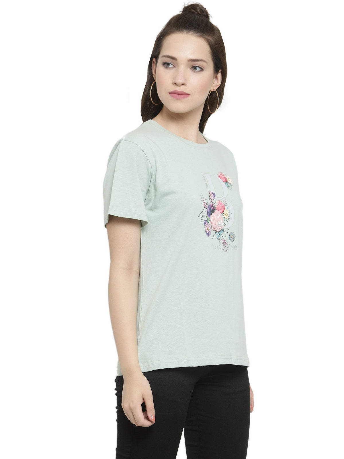Women Green Printed Round Neck Regular Fit T-Shirts