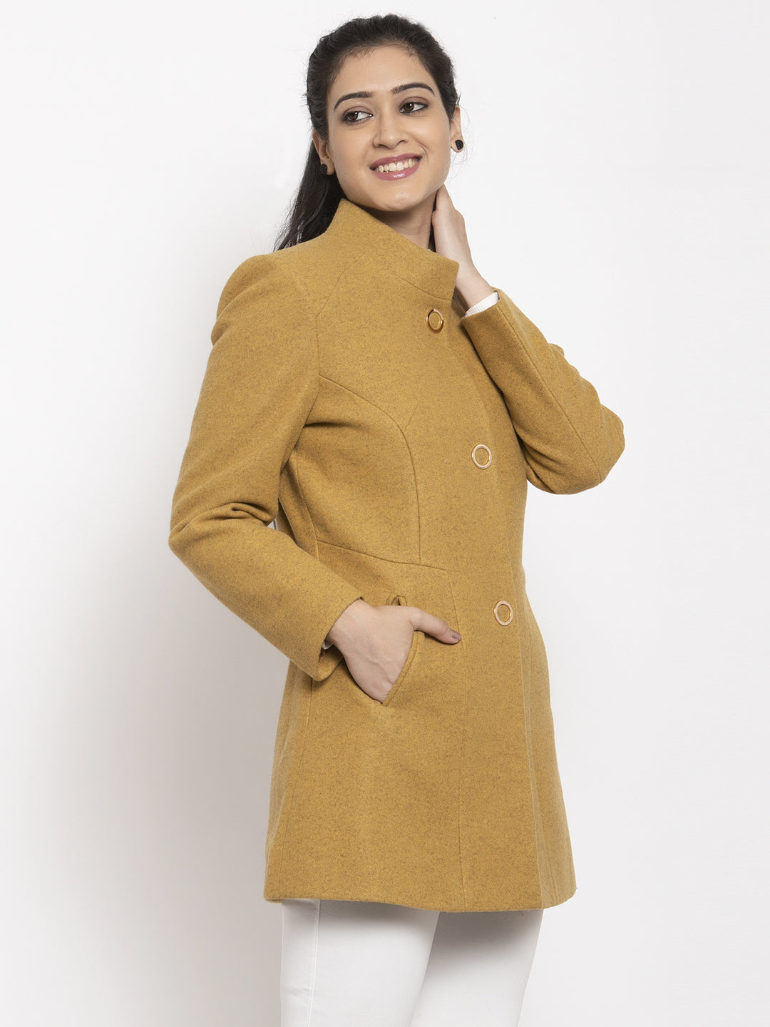 Women Mustard Long Sleeves Solid Coat
