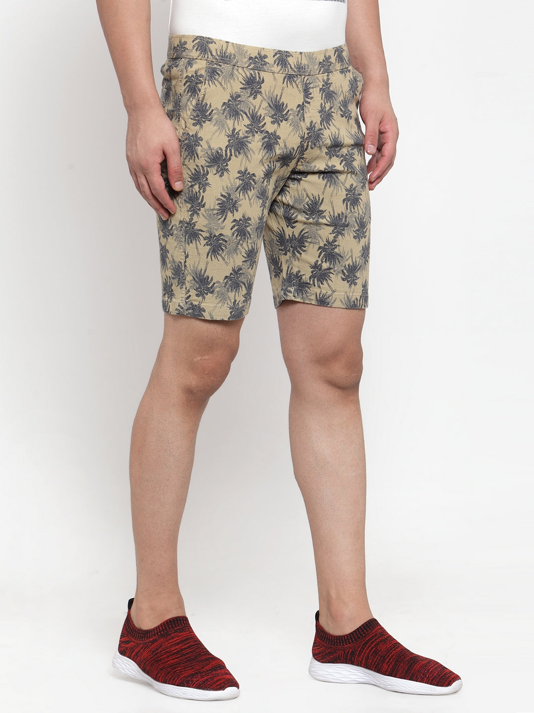 Mens Printed Beige And Plain Olive Combo Of 2 Shorts
