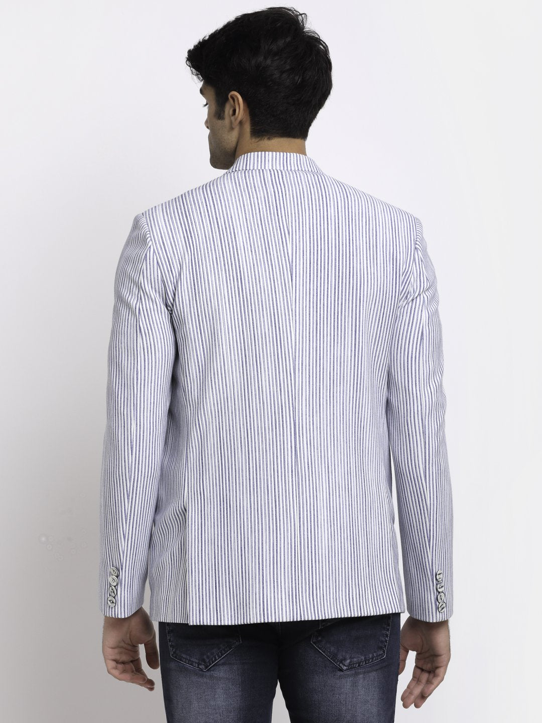 Men Blue Notched Lapel Hosiery Striped Coat
