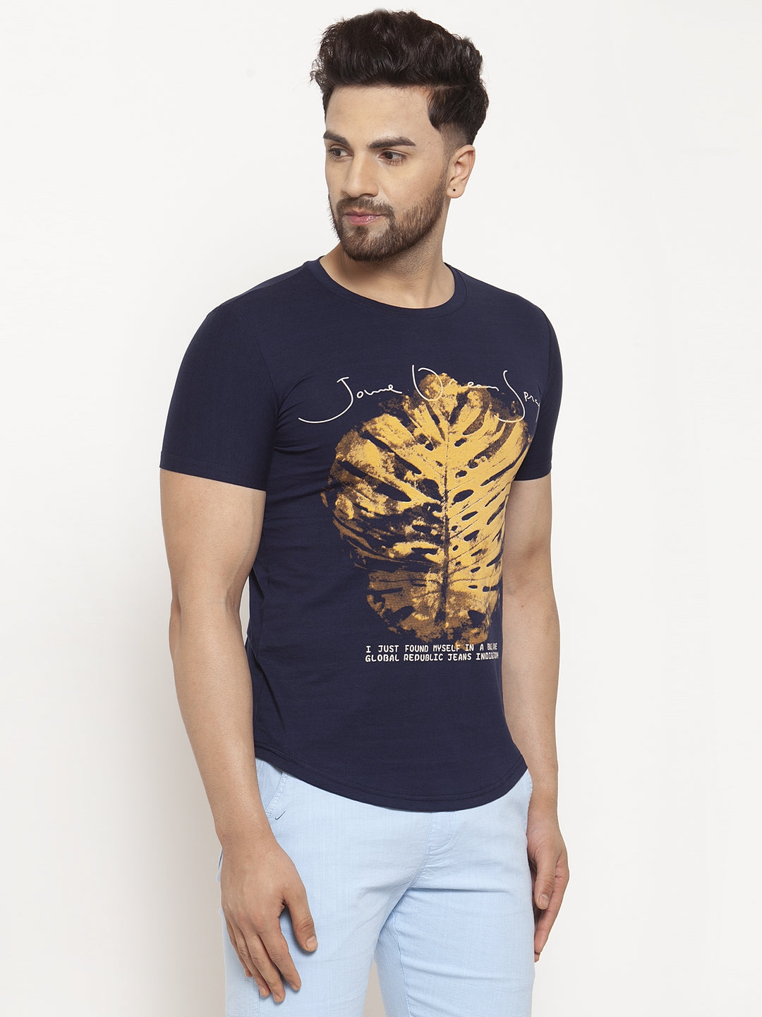Mens Navy Blue Hosiery Printed T-Shirt