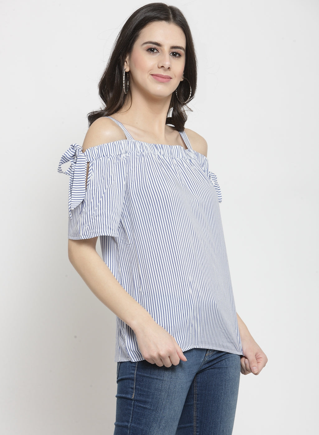 Women Striped Blue Boat Neck Top