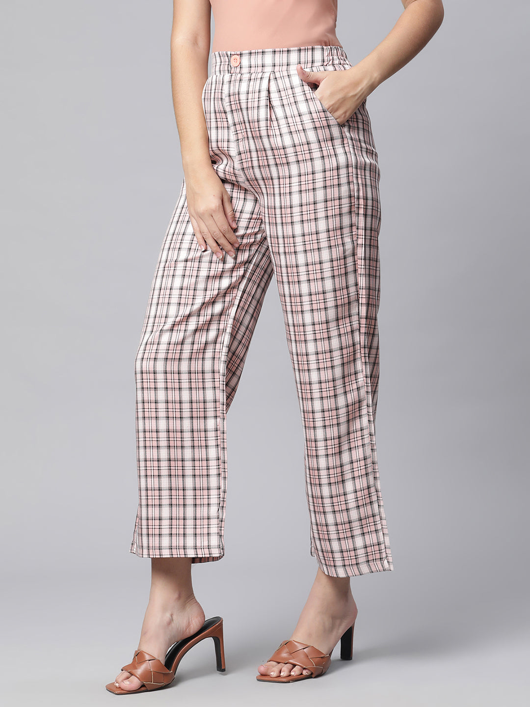 Women Peaches Pink Checked Lower