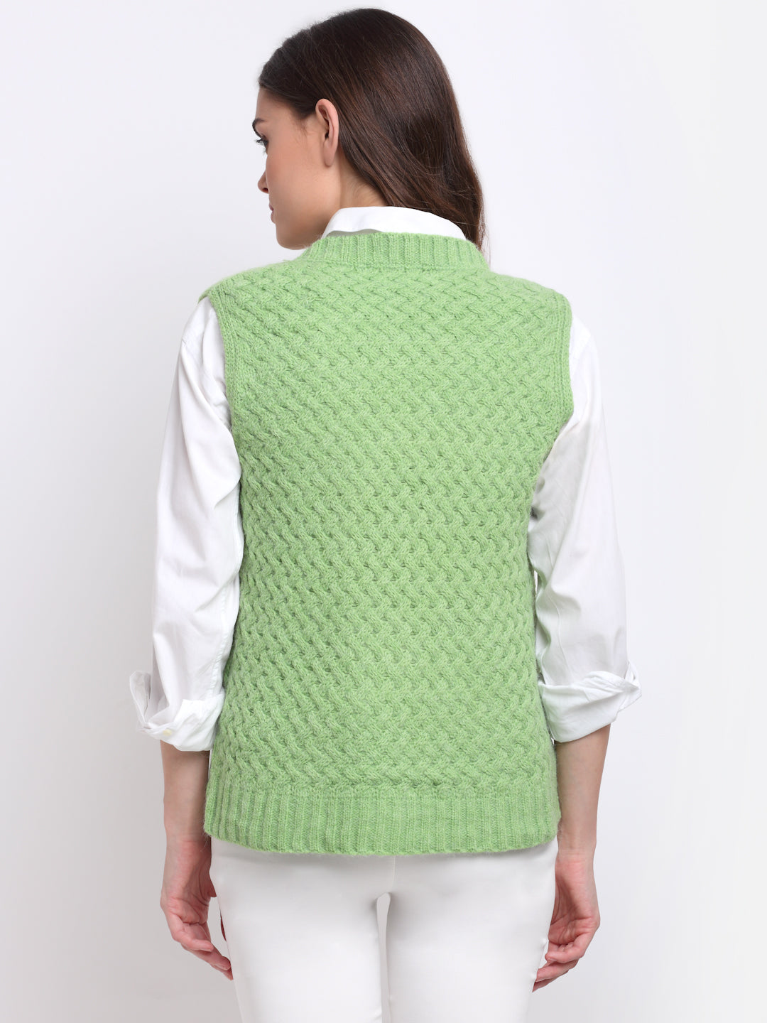Women Green Round Neck Sleeveless Knit Pullover - Global Republic