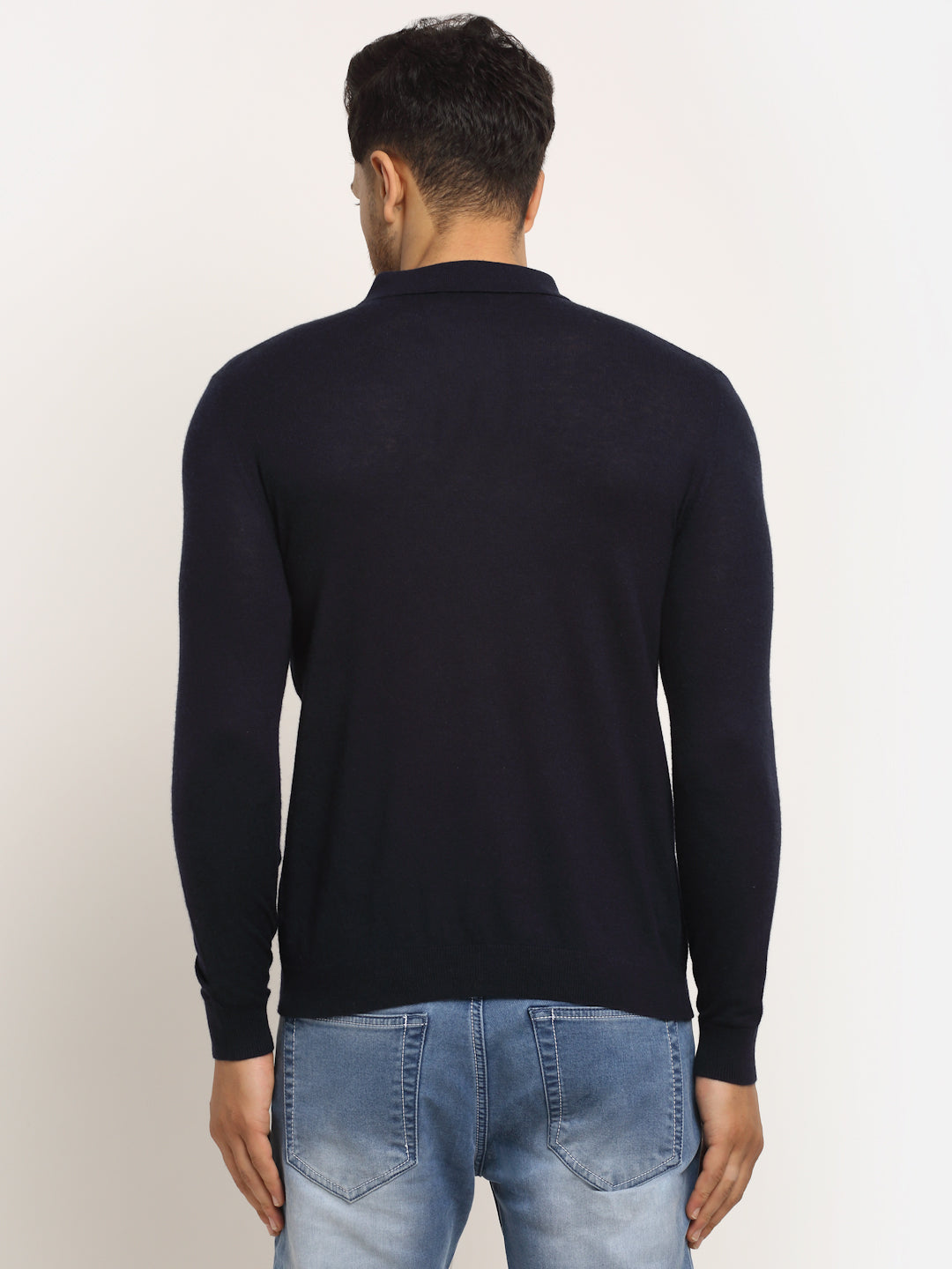 Men Navy Blue Polo Neck Knit Solid Pullover - Global Republic