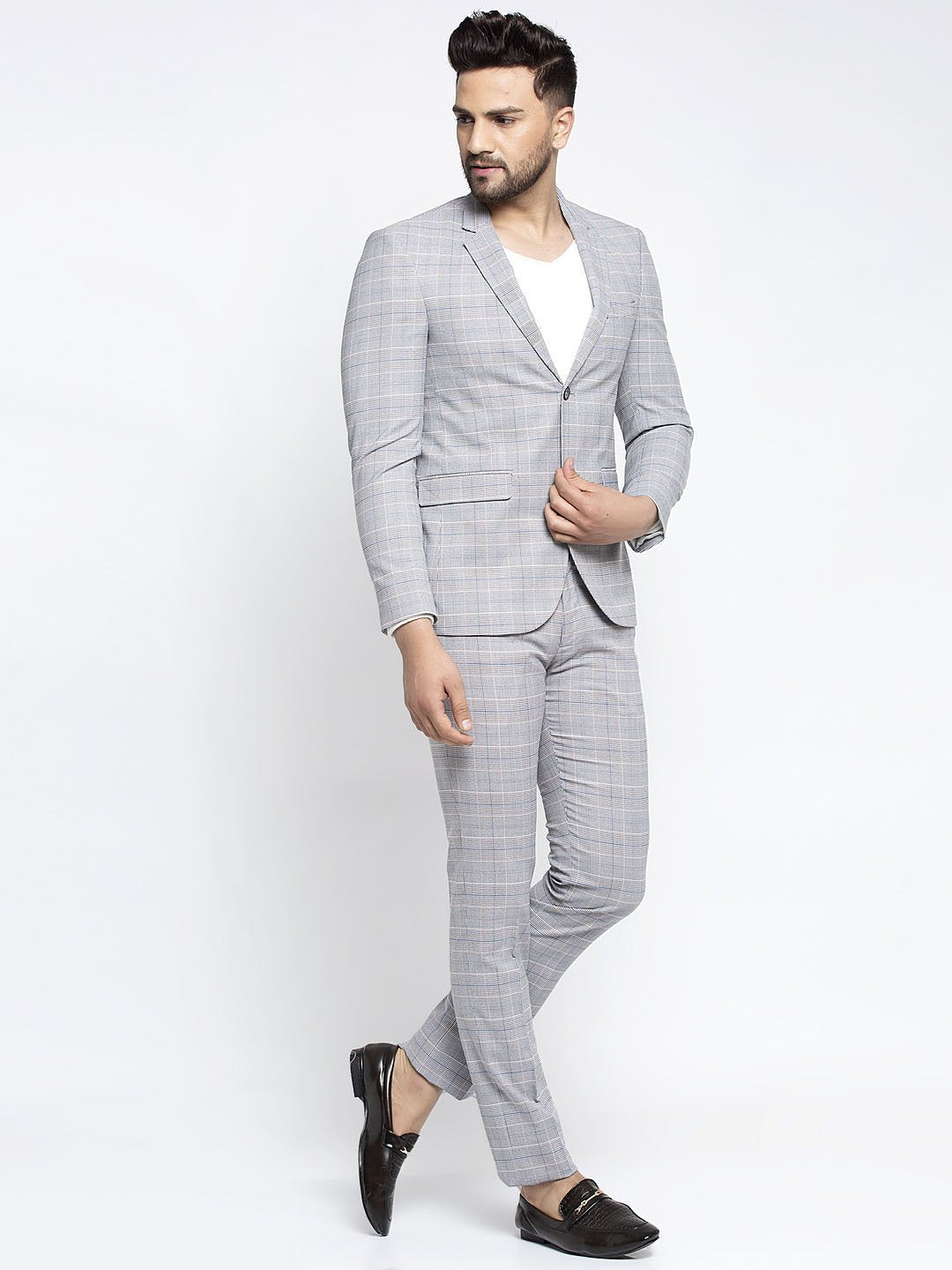 Men Grey Checked 2-Piece Suit