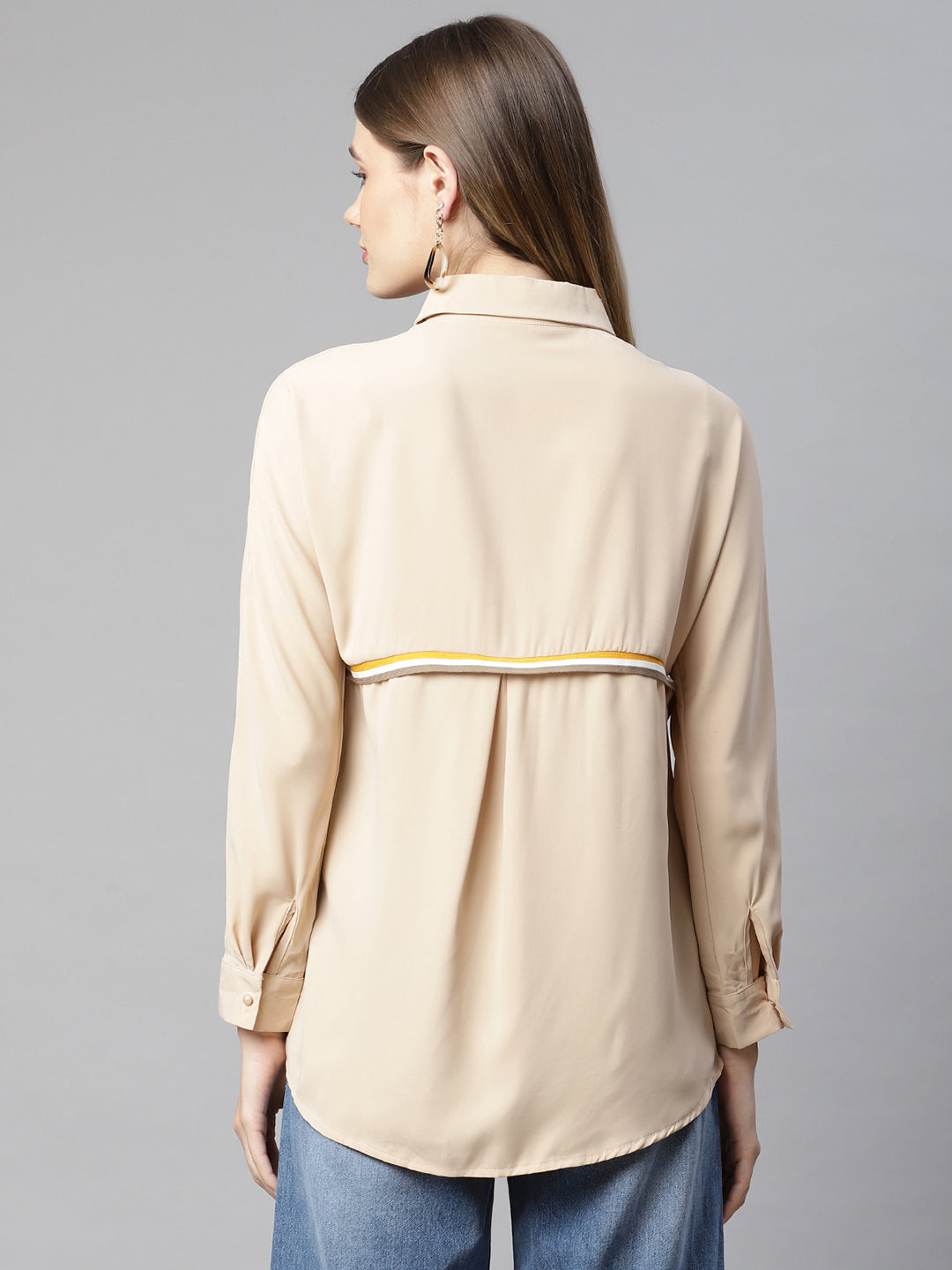 women beige striped long shirt