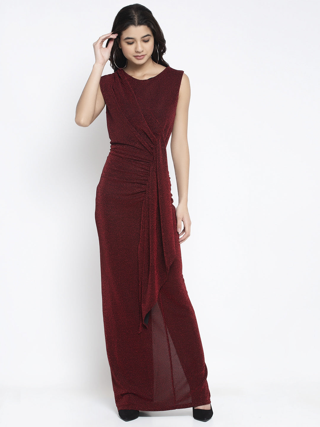 Women Maroon Round Neck Solid Dress
