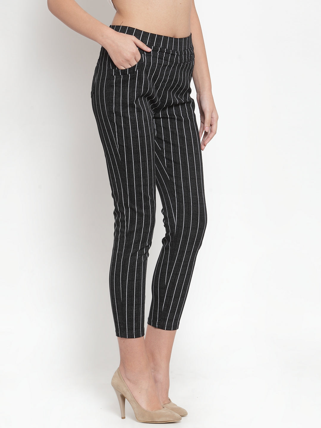 Women Black Striped Mid Rise Stretchable Jegging