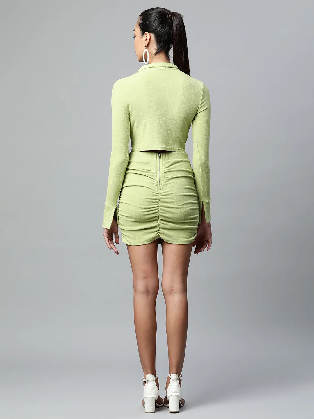 women green shirt collar front placket ruched polyester coord set