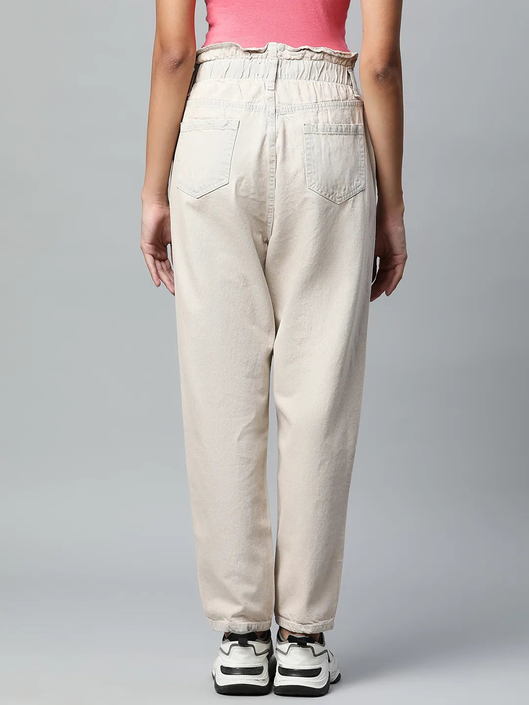 Women Tapered Full Length Beige Paper Waist Jeans - Global Republic