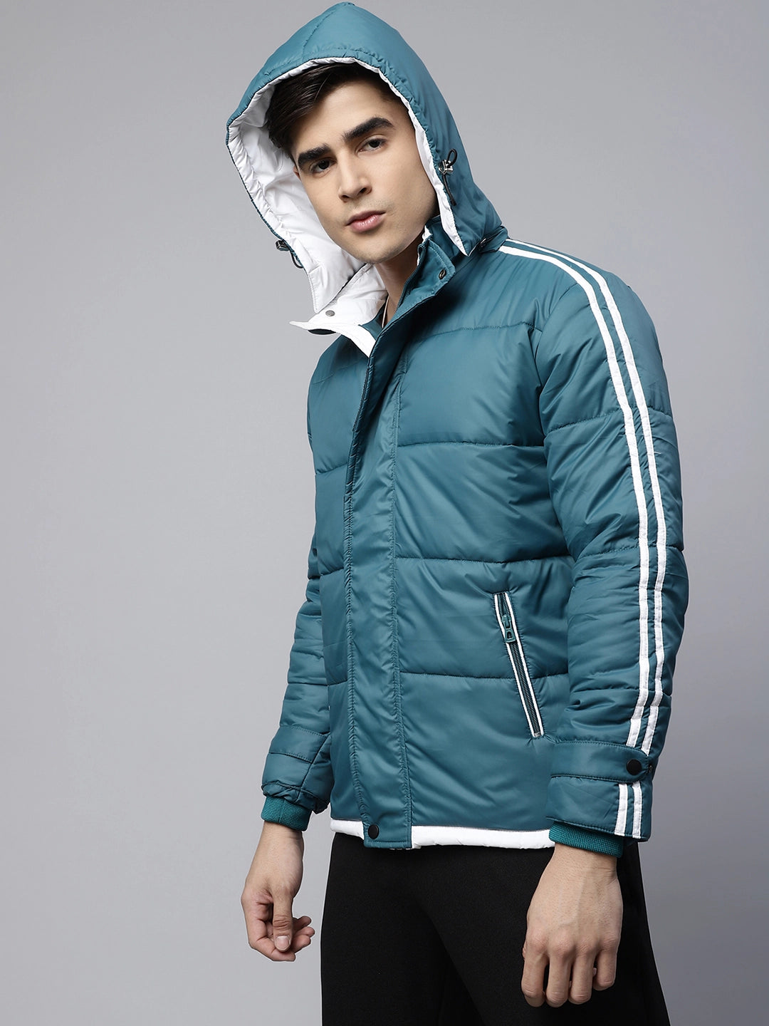 Mens Turquoise Detachable Hood Puffer Jacket - Global Republic