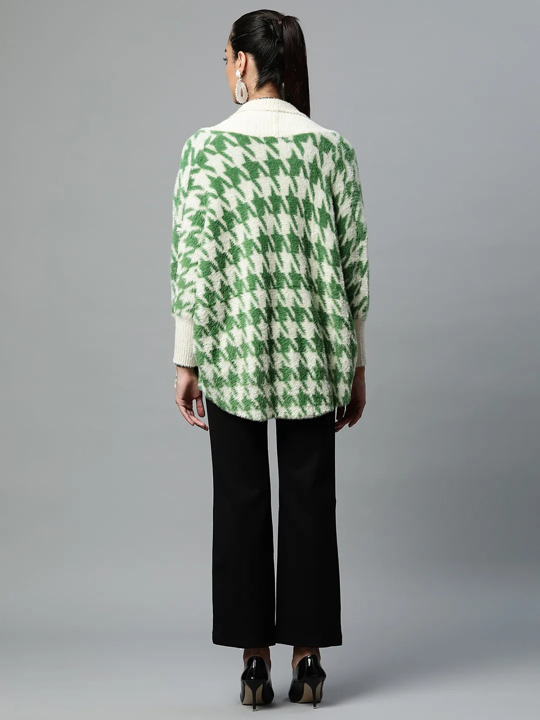 Women Green Shawl Collar Houndstooth Shrug - Global Republic