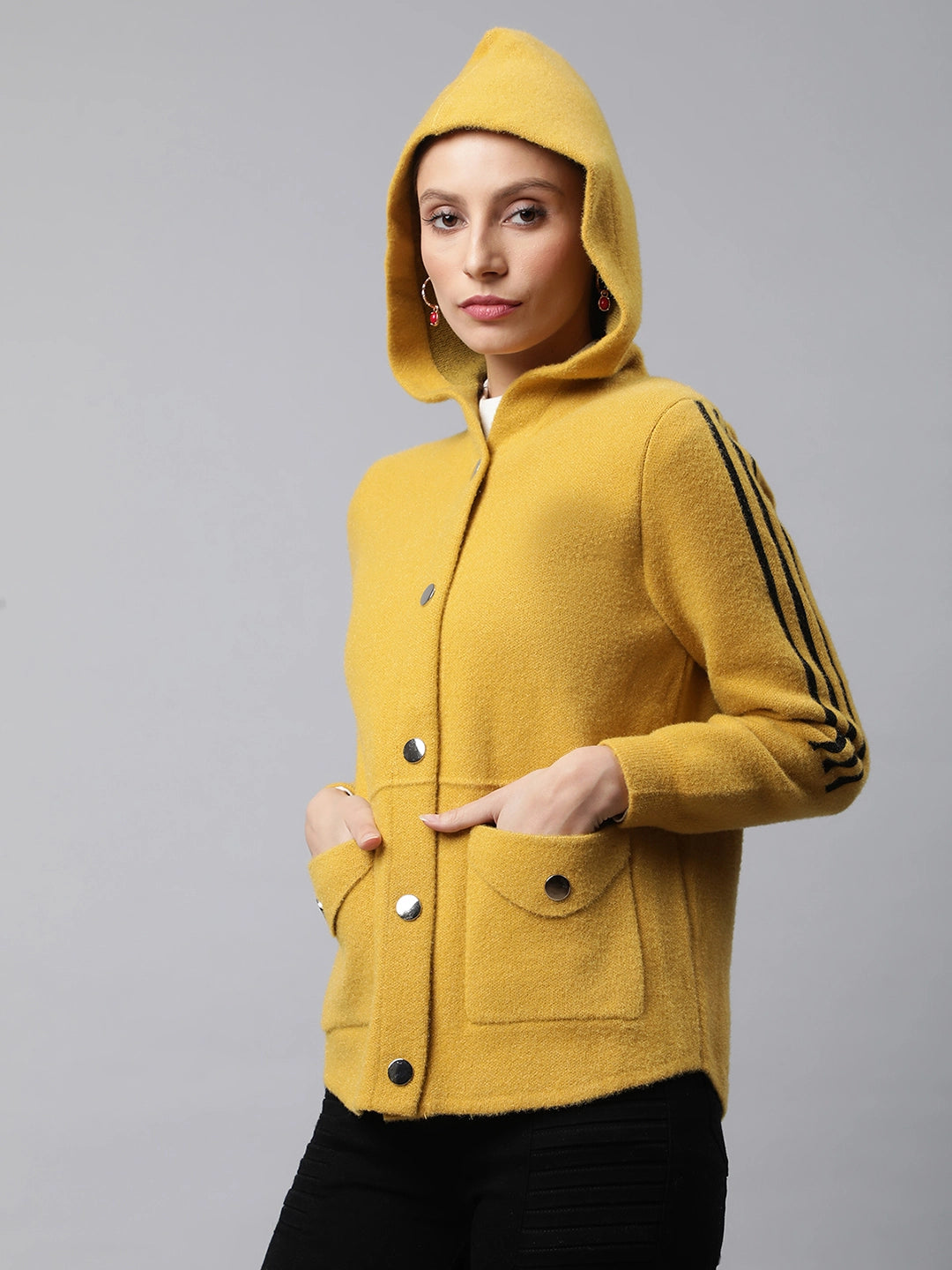 Women Mustard Regular Fit Printed Hooded Jacket - Global Republic