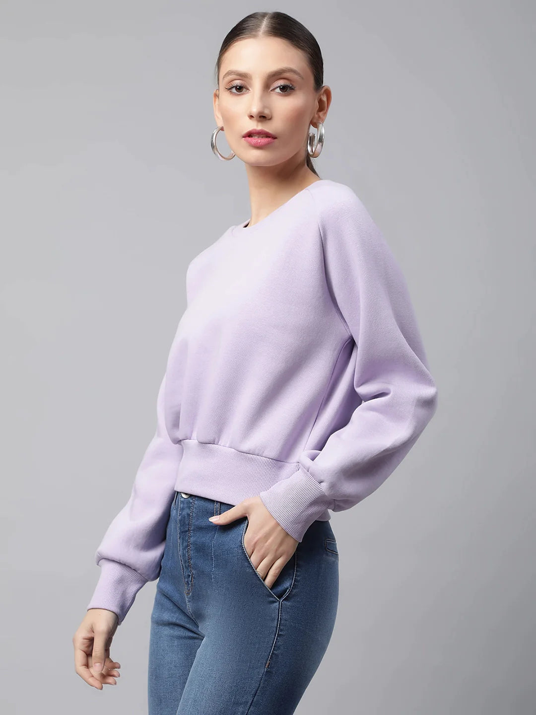 Women Lilac Raglan Sleeves Anti Fit Fleece Sweatshirt - Global Republic
